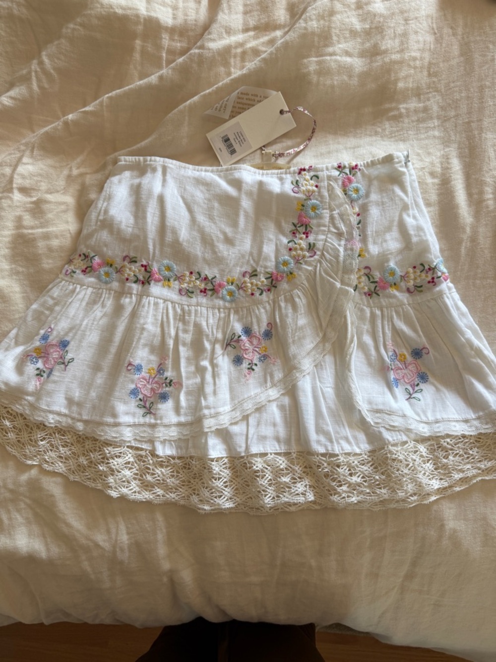 Loveshackfancy White Embroidered Tiered Skirt with Lace Trim
